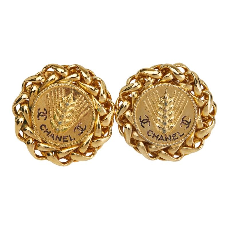 Chanel Coco Mark Round Barley Ear Of Rice Motif Gold Plated Ladies Chanel