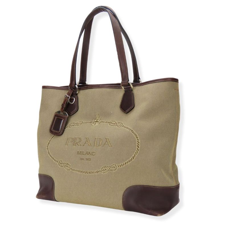 Prada Tote Canvas Leather Beige Brown Silver Hardware Logo Shoulder Casual