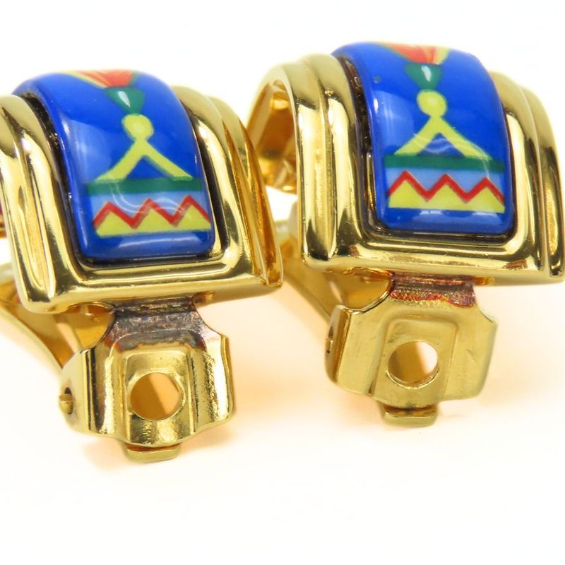 Hermes Earring Emile Feather Pattern Metal Cloisonne Blue Multicolor Plated