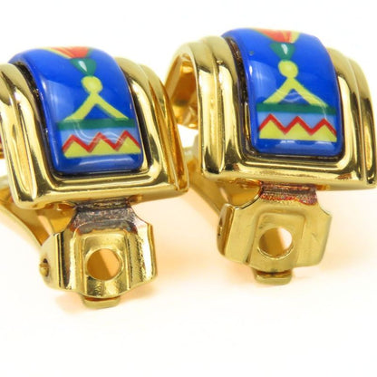 Hermes Earring Emile Feather Pattern Metal Cloisonne Blue Multicolor Plated