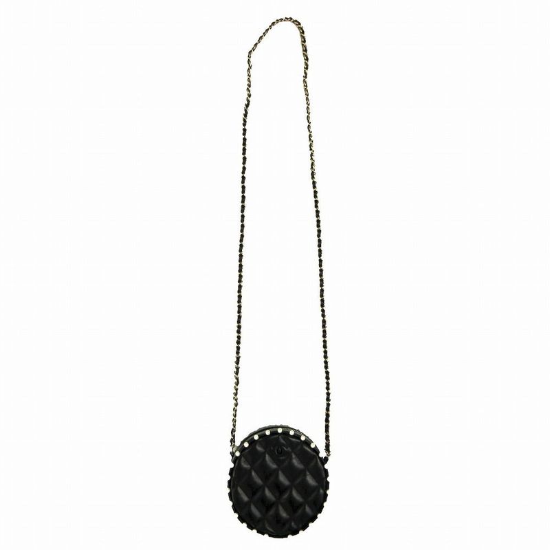 Chanel Lambskin Round Pearl Chain Matelasse Mini Shoulder Bag 29th Black Ladies