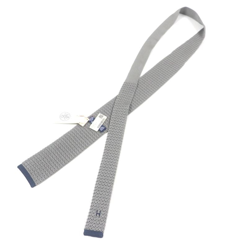 Hermes Cravate Tricot DE SOIE 100% Silk Etoupe/marine H Logo Embroidery Knit