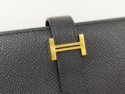 Hermes Bearn Souffle Folding Long Wallet Vaux Epson Leather Black Stamped D