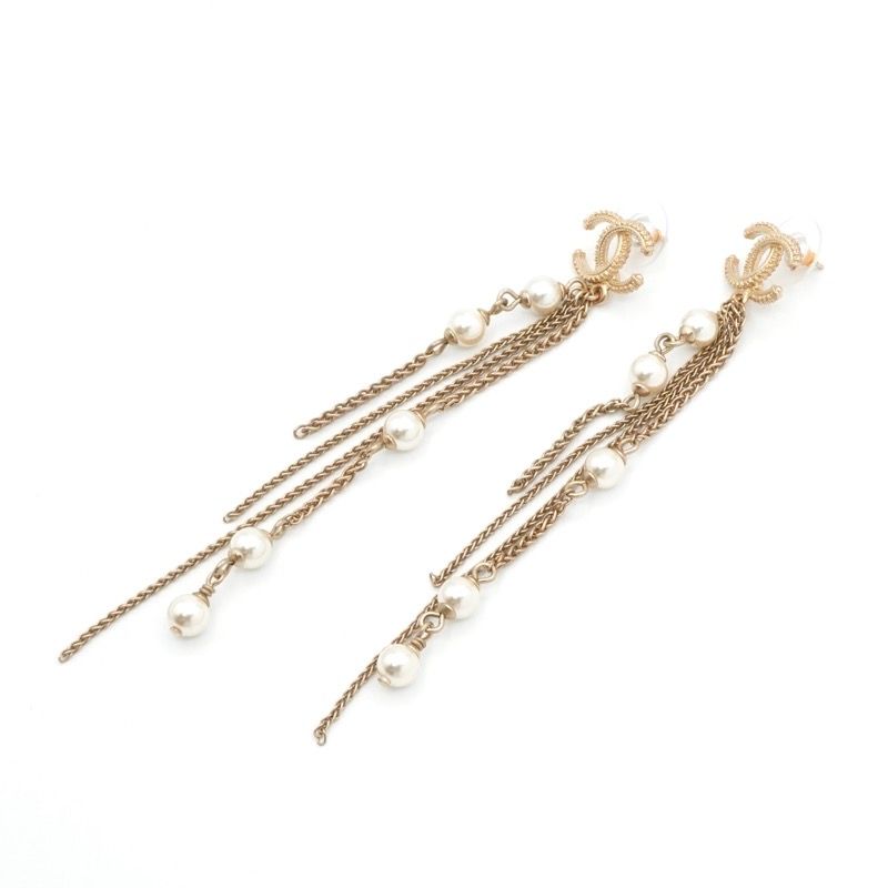 Chanel Earrings Earring Gold Coco Mark Chain Pearl