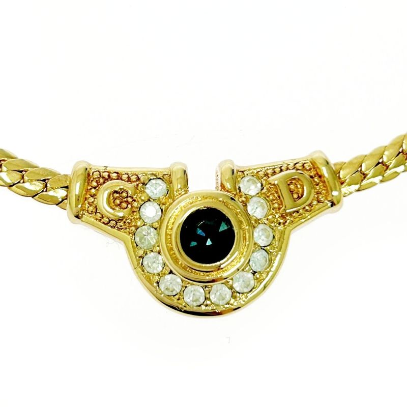 Christian Dior GP Rhinestone Colored Stone CD Logo Necklace Gold Blue 483543