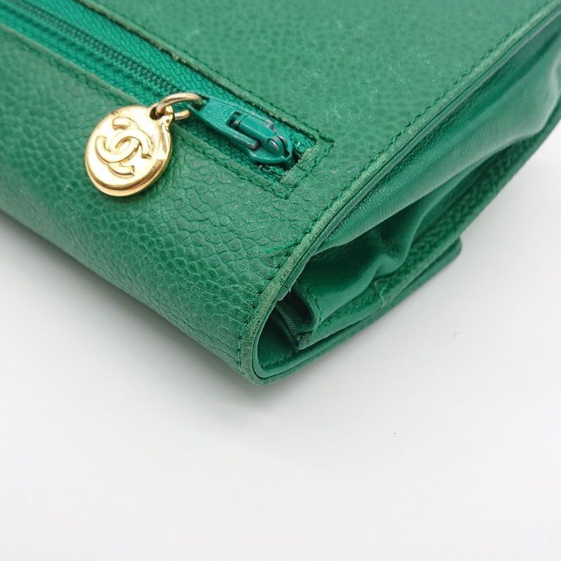 Vintage Chanel Pouch Caviar Skin Green Coco Mark With Sticker