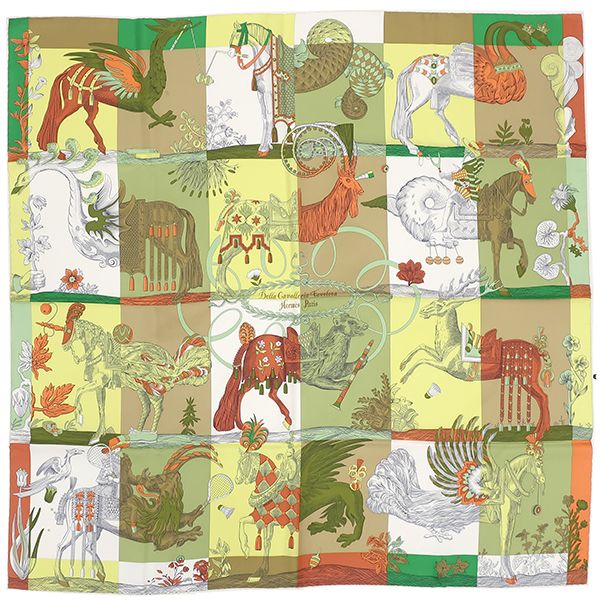 Hermes Scarf Carre 90 Carre Silk Green Yellow and Orange [della Cavalleria