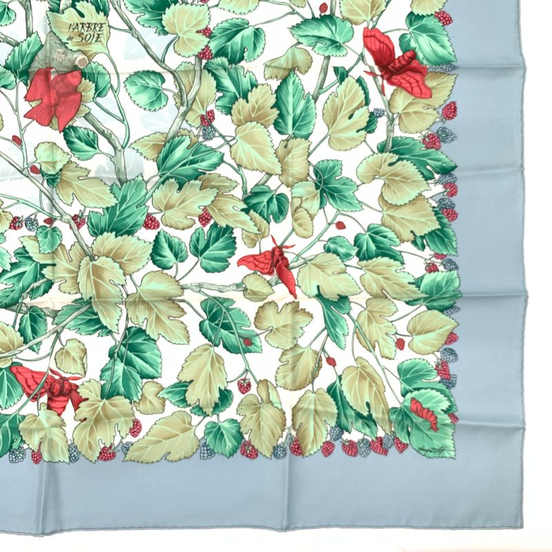 Hermes Scarf Carre 90 L'arbre De Soie Silk Tree Mulberry Tree And Silkworms Blue