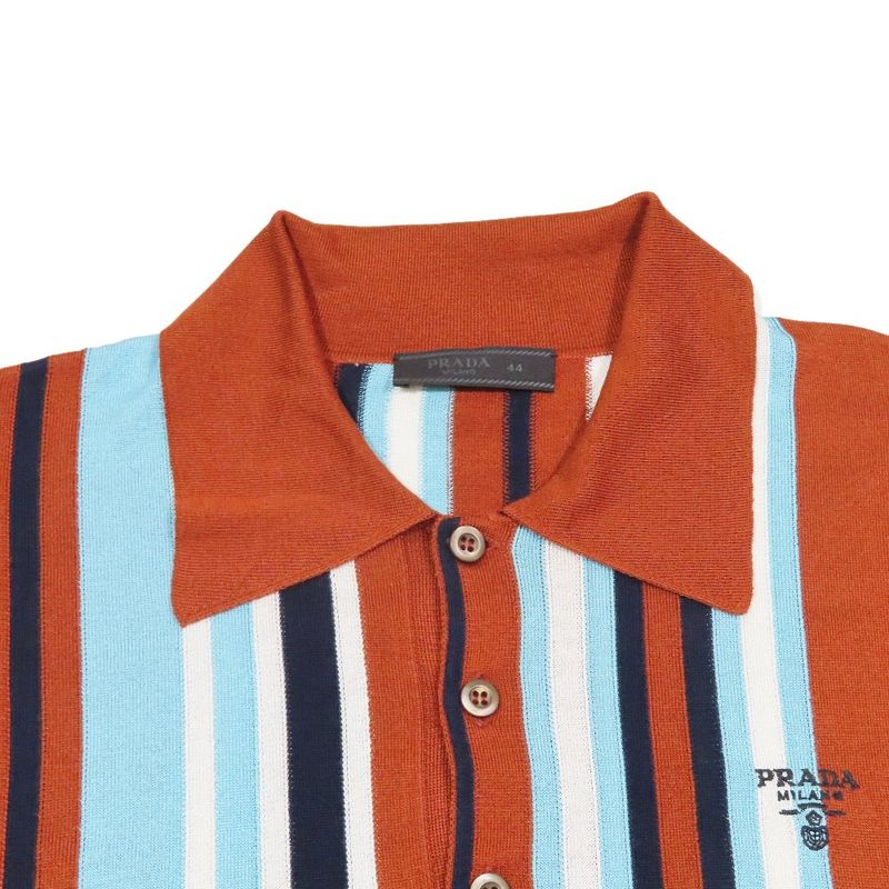 22ss Prada Multi-Stripe Silk Knit Polo Shirt Short Sleeves Logo Embroidery
