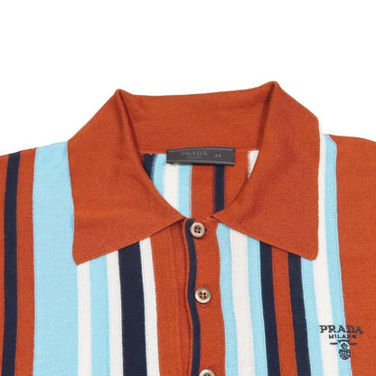22ss Prada Multi-Stripe Silk Knit Polo Shirt Short Sleeves Logo Embroidery