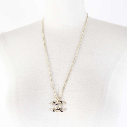 CHANEL A21C F Coco Mark Pendant / Necklace With Pearl And Rhinestone Gold Black