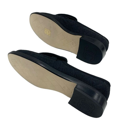 Chanel Loafer Leather Shoes Corduroy Black Gold Turn Lock Here Mark Rhinestone