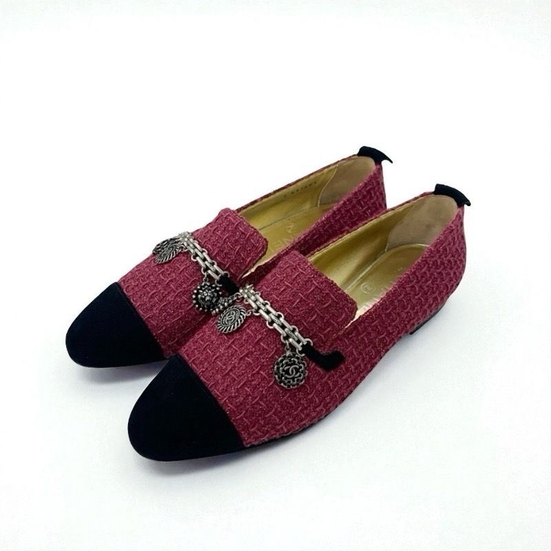 Chanel Flat Shoes Tweed Suede Pink Black Here Mark Chain Charm Opera Shoes