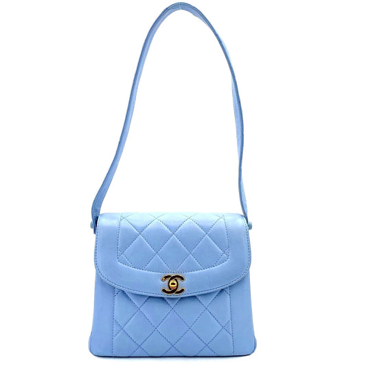CHANEL 24K Vintage Flap Bag Lambskin Leather Quilted Chain Purse Blue