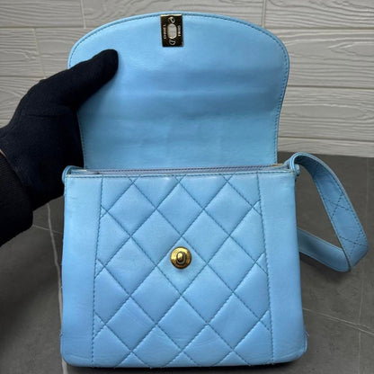 CHANEL 24K Vintage Flap Bag Lambskin Leather Quilted Chain Purse Blue