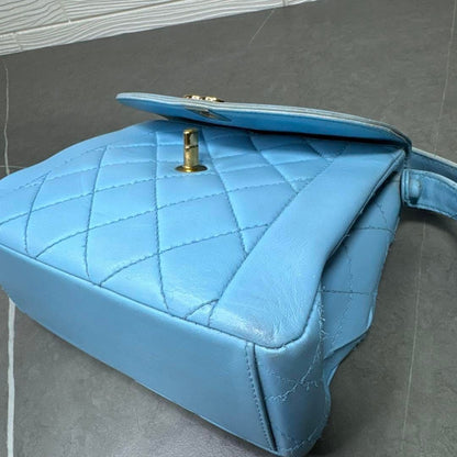 CHANEL 24K Vintage Flap Bag Lambskin Leather Quilted Chain Purse Blue