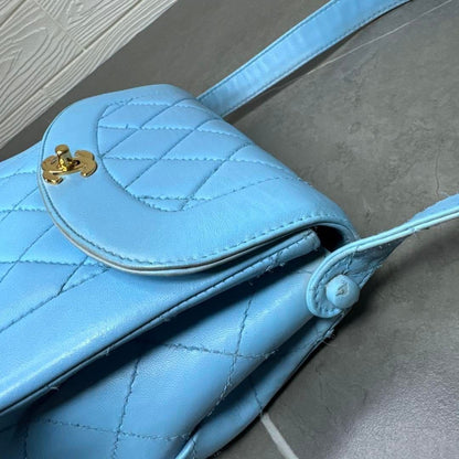 CHANEL 24K Vintage Flap Bag Lambskin Leather Quilted Chain Purse Blue