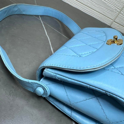 CHANEL 24K Vintage Flap Bag Lambskin Leather Quilted Chain Purse Blue