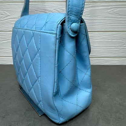 CHANEL 24K Vintage Flap Bag Lambskin Leather Quilted Chain Purse Blue