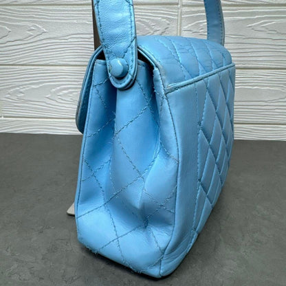 CHANEL 24K Vintage Flap Bag Lambskin Leather Quilted Chain Purse Blue