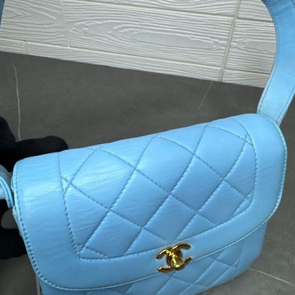 CHANEL 24K Vintage Flap Bag Lambskin Leather Quilted Chain Purse Blue