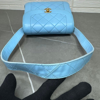 CHANEL 24K Vintage Flap Bag Lambskin Leather Quilted Chain Purse Blue