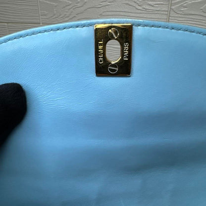 CHANEL 24K Vintage Flap Bag Lambskin Leather Quilted Chain Purse Blue