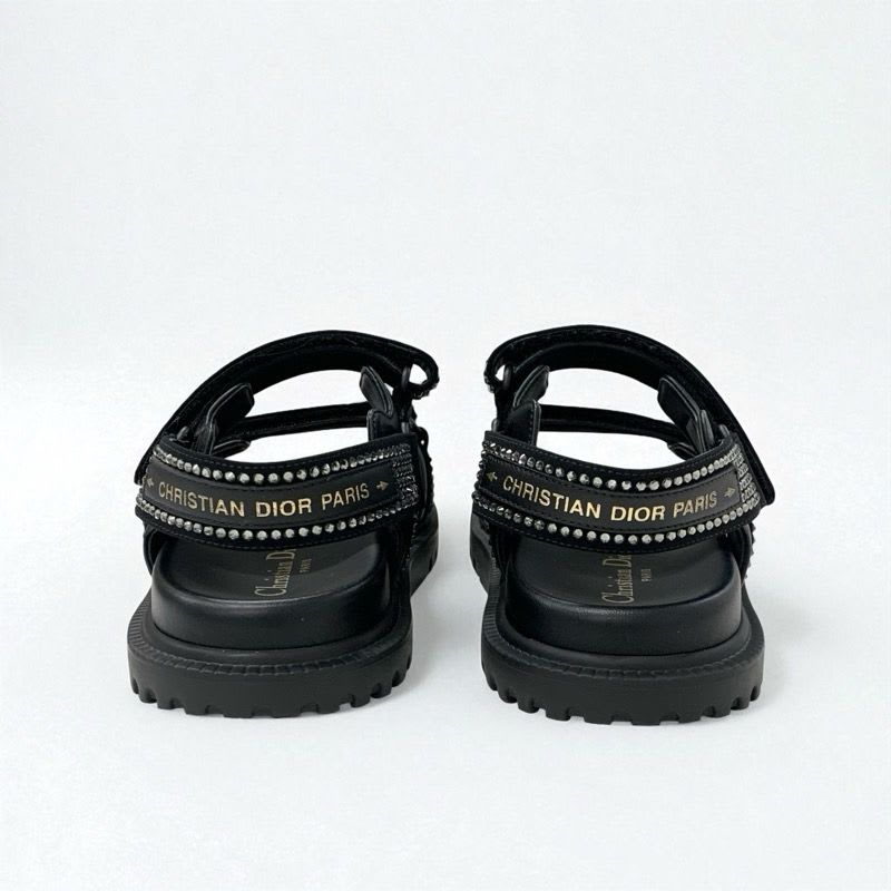 Christian Dior Sandals Shoes Lambskin Black Logo Rhinestone Velcro Strap Sports