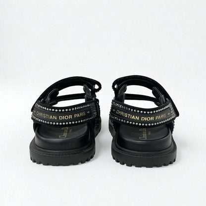 Christian Dior Sandals Shoes Lambskin Black Logo Rhinestone Velcro Strap Sports