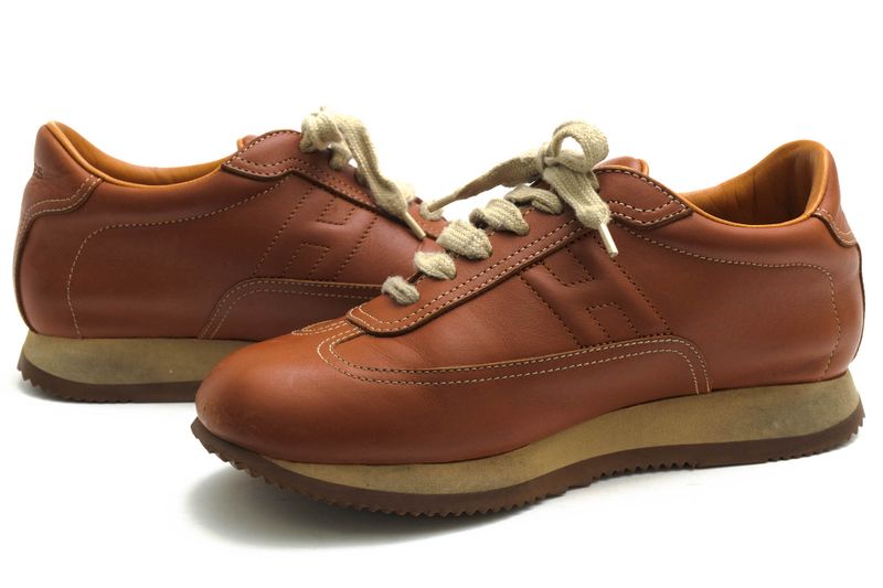 Hermes Shoes Sneakers Shoes Low Cut Ladies Women Leather Genuine Brown Quick H