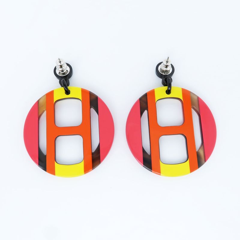 Hermes Earrings H Equipe Buffalo Horn Pair Multicolor Pink Accessories