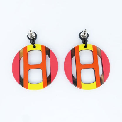 Hermes Earrings H Equipe Buffalo Horn Pair Multicolor Pink Accessories