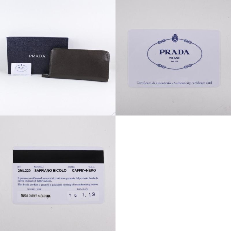 Prada Round Zipper 2ml220 Saffiano Caffe+nero Dark Brown Women's Long Wallet
