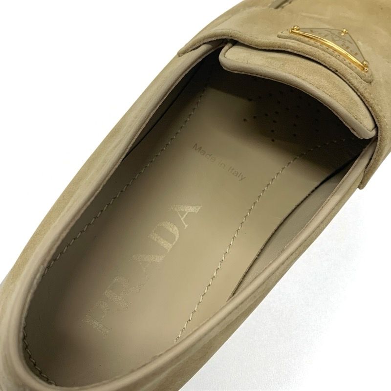 Prada Loafers Leather Shoes Suede Beige Gold Triangle Logo