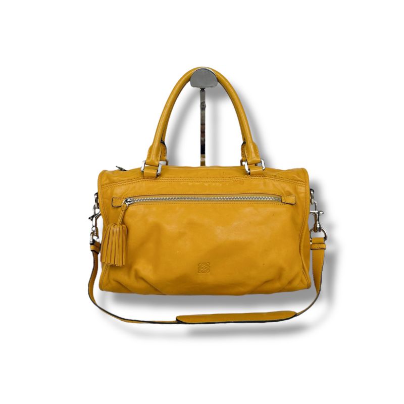 Loewe 2WAY Shoulder Bag Handbag Tassel Charm Fringe Anagram Logo Yellow Silver