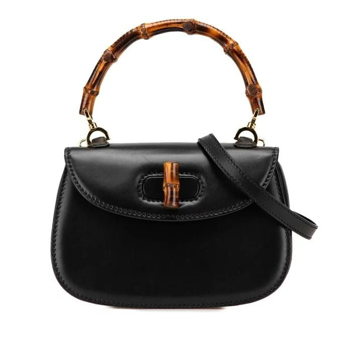 Gucci GG Bamboo 1947 Vintage Shoulder Bag Purse Black Leather Handle