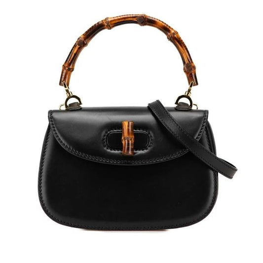 Gucci GG Bamboo 1947 Vintage Shoulder Bag Purse Black Leather Handle