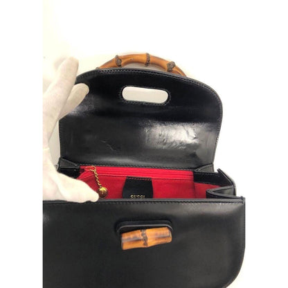 Gucci GG Bamboo 1947 Vintage Shoulder Bag Purse Black Leather Handle