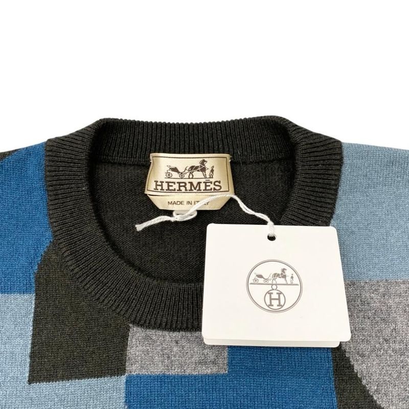 Hermes Short Sleeve Sweater Intarsia Mayon Puzzle Knit Size S Cashmere Gray
