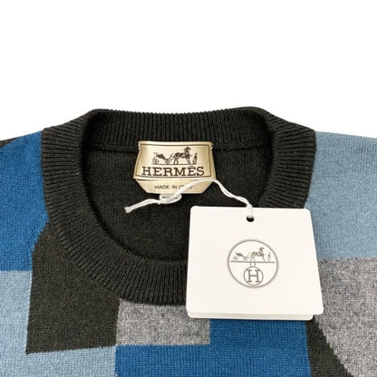 Hermes Short Sleeve Sweater Intarsia Mayon Puzzle Knit Size S Cashmere Gray