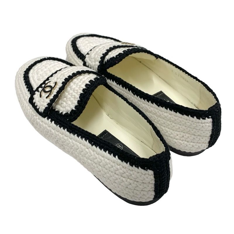 Chanel Flat Shoes Fabric White Black Here Mark Braided