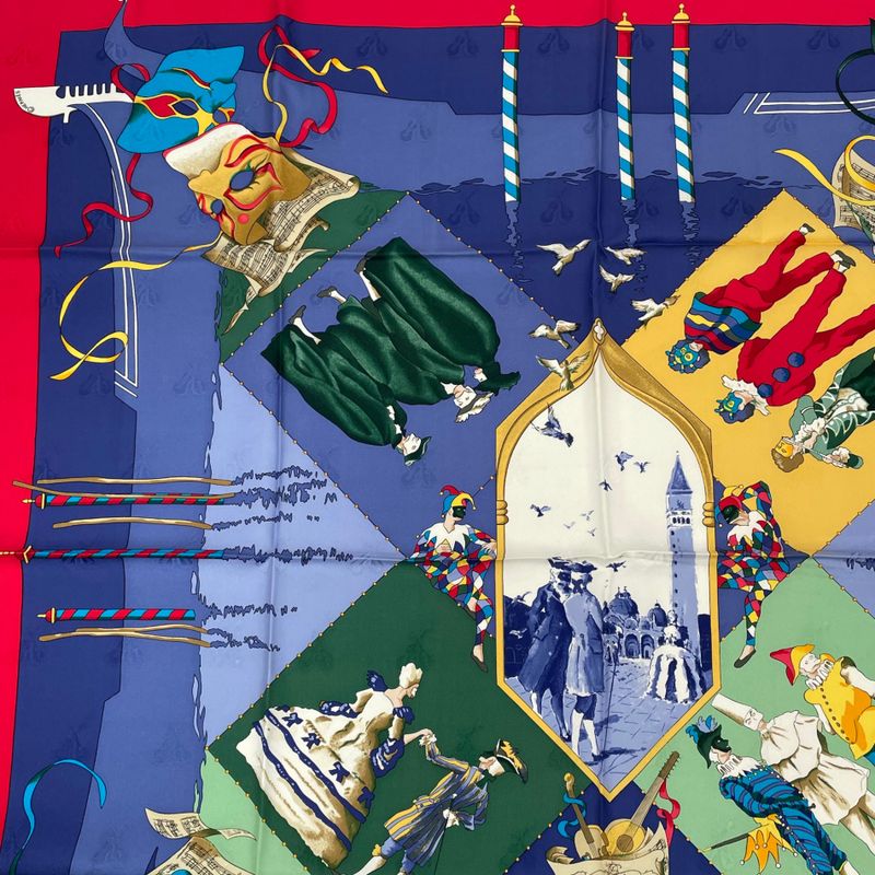 Hermes Carre 90 Carnaval DE Venise Carnival Of Venice Scarf 100% Silk Blue Red