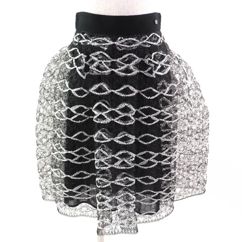 CHANEL P58857 Coco Mark Logo Ribbon Mesh Flared Skirt Black White 36 Made In