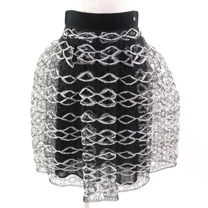 CHANEL P58857 Coco Mark Logo Ribbon Mesh Flared Skirt Black White 36 Made In