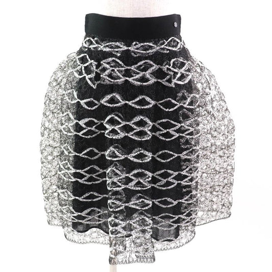 CHANEL P58857 Coco Mark Logo Ribbon Mesh Flared Skirt Black White 36 Made In