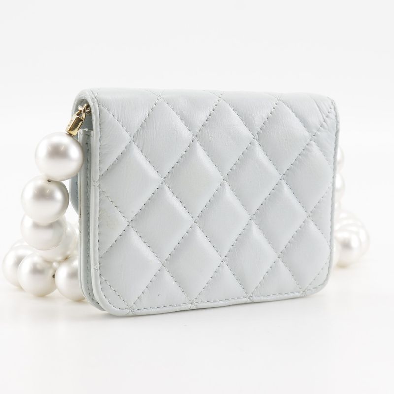 Chanel Pearl Strap Flap Wallet Matelasse Ap1838 Leather X Faux Pearl Light Blue