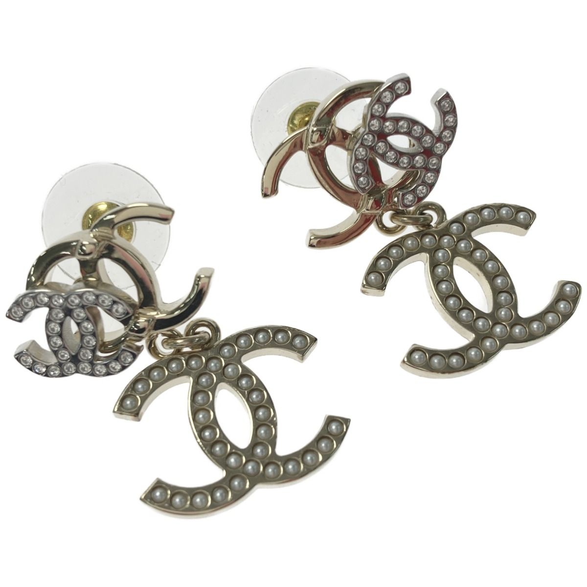 Chanel Triple Coco Mark Earrings B21a Rhinestone Fake Pearl