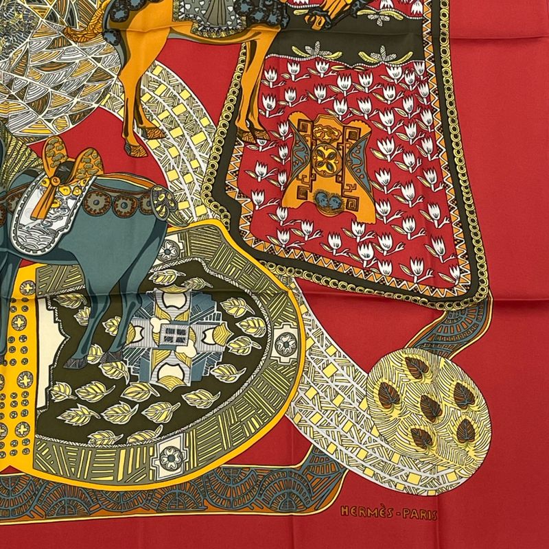 Hermes Carre 90 ART Des Steppes Step Art Horse Scarf Silk Red