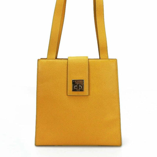 Celine Shoulder Bag Leather Yellow Gold Hardware Shape Push Turnlock Ladies