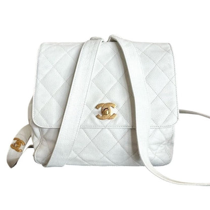 CHANEL 24K Vintage Caviar Quilted Classic Backpack White Ivory Purse